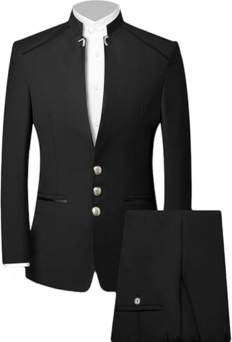 2-delad kinesisk tunika kostym herr set mandarin krage kavaj set byxor knäppt jacka traditionell uniform bröllopsklänning, Svart A1, XL