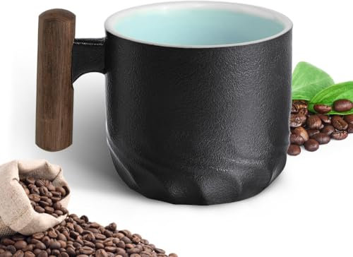 Vicloon Tazze Espresso, 70ml Tazze da Caffè Espresso Ceramica Set da Collezione in Porcellana Tazza in Ceramica con Manico in legno per Tè e Caffè Campeggio Tazzine da Caffè Impilabili per Natale Nero
