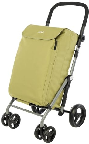 Carlett - Lite Family Lett470 | Shoppingvagn | Hopfällbar vagn för stormarknad | 4 hjul | Justerbart styre och säkerhetsbroms | 58 L utdragbar väska | 12L termisk väska | olivgrön