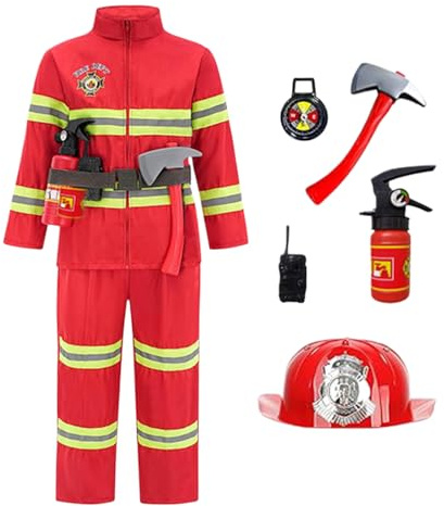 zjhukfmc 1 juego de traje de bombero para niños, juego de bombero de algodón y poliéster con cascos, extintores, hachas, talkies-walkies