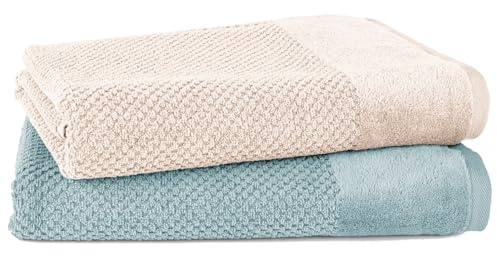 Pure Label Badetücher 2-TLG 2x70x140, Creme | Türkis | weich, saugstark, 100% Baumwolle & OEKO-TEX, mit Schlaufe