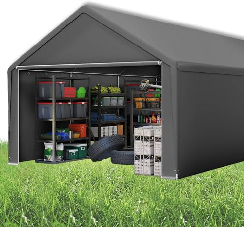 Suusolny Lagerzelt Gartenschuppen Gerätehäuser Winterfest Gerätezelt Carport mit Dach UV-beständig Pergola im Freien mit Abnehmbare Seitenwände Weidezelt Fahrradgarage Geräteschuppen - 4x8m - Grau