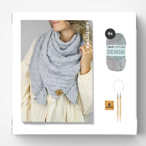 myboshi Strickset Tuch Rügen für Anfänger, inkl. Jeansgarn, Rundstricknadel, Anleitung und Label, 50% recyceltes Denim, 50% Baumwolle (Bio), Hellblau (Vintage) mit Rundstricknadel