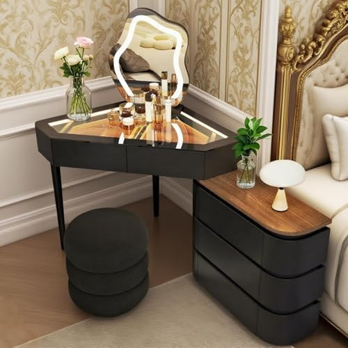 Vofikoli Schminktisch mit Beleuchtung und Stuhl, Frisiertisch mit Dreifarbiger Smart-Spiegel, Kosmetiktisch mit 5 Schubladen, Make up Tisch für Modern Schlafzimmer (Schwarz 2, 80CM)