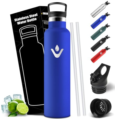 Mulbijeo Gourde Isotherme 1L, Étanche Double Paroi, Bouteille Isotherme, Sans BPA, Gourde Avec Paille, 18/8 Acier Inoxydable, Réutilisable, Bouteille d'eau pour Randonnée, Bureau, Yoga, Sport
