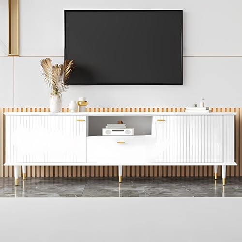 Meuble TV de 170 cm avec tiroirs et portes, surface structurée laquée, espace de rangement polyvalent pour salon, chambre à coucher, meuble TV, blanc