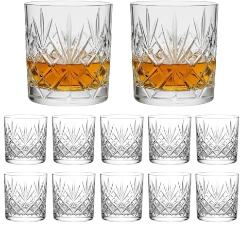 UNIQUE HOME LIVING Whiskey Glasses Set of 12 Vintage Whisky Tumblers 340ml Old Fashioned Drinking Glasses Clear Cut Glass Cups for Bourbon Brandy Rum Cocktail Glassware Barware Home Bar Party Men Gift