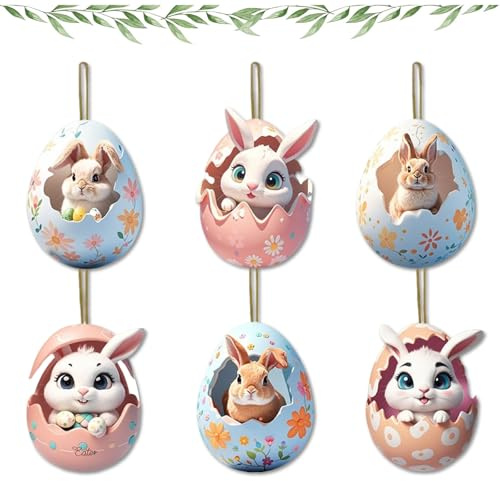 LIZANQU 6 Stück Osteranhänger Hase Ostern Deko, 2D Osterhase Anhänger, Acryl Osterschmuck zum Aufhängen, für Ostern Deko und Geschenk (A)
