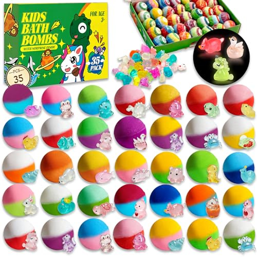 Bath Bombs with Surprise Inside, 35 Pcs Kids Bath Bombs Gift Set with Glow-in-The-Dark Animal Toys, Child-Safe Natural Bubble Fizzy, Perfect Easter Basket Stuffers & Birthday Gifts for Girls & Boys