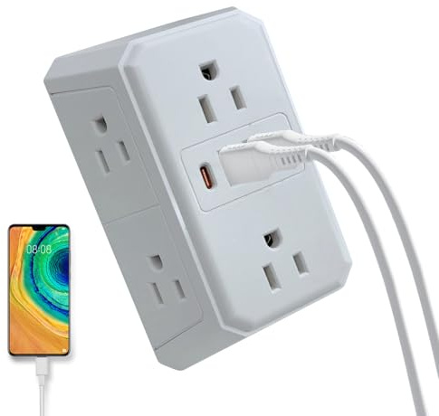 Prolunga per presa a muro - Sdoppiatore di corrente a 6 prese, adattatore per prese multiple, porte di ricarica USB, dispositivo di espansione presa compatta | Casa Viaggio Dormitorio Scuola Hotel