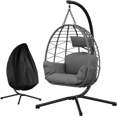 GarveeTech Fauteuil Oeuf Suspendu avec Support, Structure Acier Robuste, Rotin Synthétique PE résistant aux intempéries, Coussin Épais, Charge 150kg, pour Intérieur Extérieur Jardin Terrasse