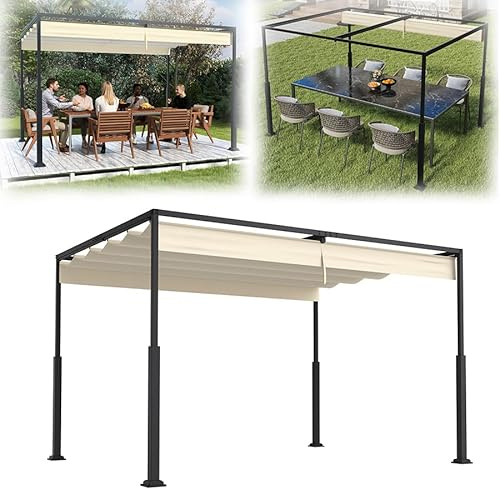 VA-Cerulean Metall Pergola mit Schiebedach, 3x4 m Pavillon Stabil Terrassenüberdachung Sonnenschutz überdachung Freistehend Gartenpavillon mit Robusten Metallsäulen für Gärten Beige