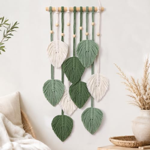 Betylifoy Makramee Wandbehang Blätter Boho Deko Tapisserie Handgewebter | Wandteppich aus Baumwolle mit Holzstäben und Holzperlen Boho Wanddeko für Schlafzimmer Wohnzimmer Kinderzimmer 25x62 cm