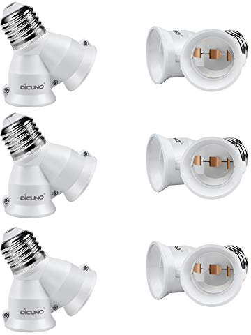 DiCUNO 2 in 1 E26 Socket Splitter Adapter, 2 E26 Standard Medium Base Bulbs in 1 Socket, Y-Shape Lamp Holder Converter, Maximum 200W and 165℃ Heat Resistant Light Bulb Splitter, 6-Pack