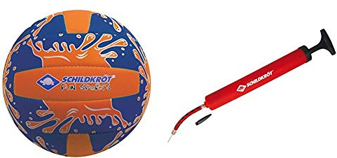 Schildkröt Funsports Neopren Mini-Beachvolleyball GR. 2 Ø 15cm, orange/Blau, 2 & Schildköt Ballpumpe, inkl Luftschlauch und 2 Nadeln, Balllpumpe für Fussball, Volleyball, Basketball, 970989, Rot