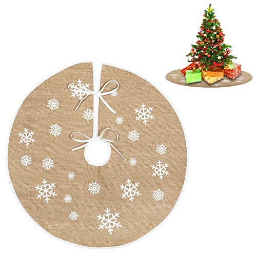 EKKONG Weihnachtsbaum-Rock aus Leinen,Weihnachtsbaumrock für Weihnachtsbaum Retro,mit weißen Schneeflocken Bedruckt,für Weihnachtsbaum, Weihnachtsdekoration (80cm Leinen Schneeflocke)