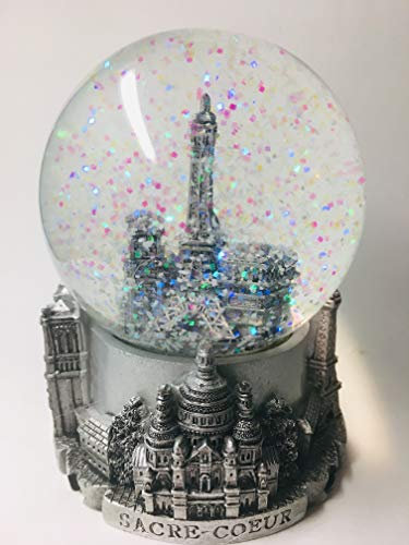 VIANAYA - Bola de nieve Paris Torre Eiffel – Base de resina con monumentos en 3D y globo de cristal con purpurina brillante – Color plateado – Tamaño mediano (altura 11 cm)