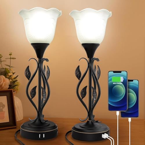 Bedside Lamps Set of 2, Table Lamp with USB Port 3 Way Dimmable Touch lamp Torchiere Nightstand Lamps with Rustic Vines Leaf and Glass Flower Shade lamp for Bedroom, Living Room, Office
