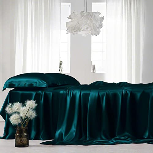 Bedding Sense 100% Pure True Silk Satin Duvet with Fitted Sheet Set 4pcs, True Silk Satin Fitted Sheet 15'' Deep Pocket,True Silk Satin Duvet Cover,True Silk Satin Pillowcases Set !!!(Full XL Teal)