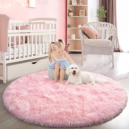 lightlux Shaggy Hochflor Teppich, Plüsch Wohnzimmerteppich (Rosa, Ø 180 cm Rund)