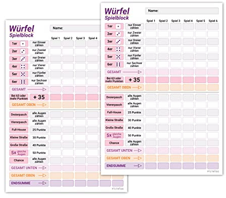 PICTALOO Würfelspiel Block DIN A5 in rosa lila, gut lesbar und übersichtlich gestaltet, moderner Ersatzblock, Spielblock groß, auch Senioren und Kinder geeignet, Würfel Spiel Set, Familienspiel (2X)