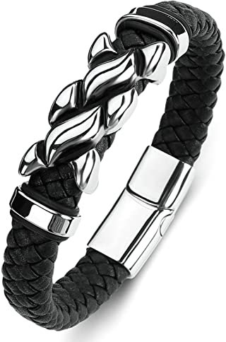 Ayoiow Männer Armband Indianer, Edelstahl Armband Männer Armband Leder Schwarz Schwarz Geflochten Armband mit Gedrehter Kette