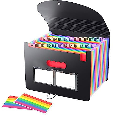 Carpeta para documentos A4 con 26 compartimentos, carpeta clasificadora con bolsillo de malla y etiquetas coloridas, carpeta de archivos, carpeta de acordeón, diseño de acordeón