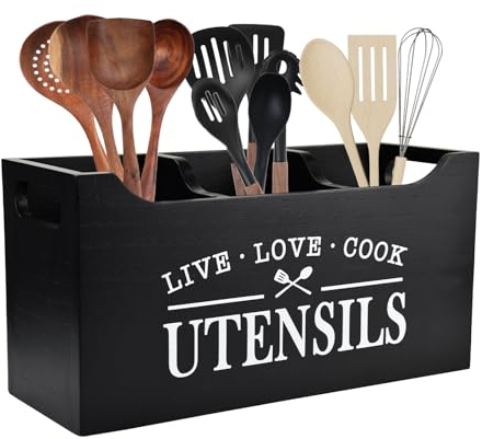Karisky Kitchen Utensilhalter mit Entwässerungboden, große 3 Fächer fester echtes Holz Utensil Organizer für Küchentheke, Kochwerkzeuge für Bauernhäuser für Arbeitsplatten, Schwarz