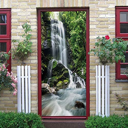 Türfolie Türtapete Türposter Selbstklebend 3D Fototapete Klebefolie Tür Mit Motiv Türaufkleber Kinderzimmer Bergwald-Wasserfall-Landschaft 77 X 200 Cm