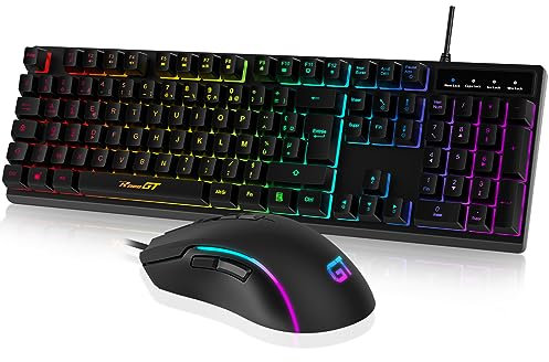 RaceGT Clavier et Souris Gaming, Ensembles Clavier Souris Filaires, Clavier Ergonomique Rétroéclairé, Clavier PC Silencieux avec pavé numérique pour Windows/MacOS/Linux, AZERTY-Noir