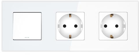 PULSAR Doppelsteckdose mit Lichtschalter 3 Fach Weiß Glas, Schalter/Steckdose Unterputz Doppelt, Ein-Ausschalter/Steckdose x 2