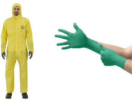 Ansell AlphaTec 2300 Model 132, Einweg-Schutzanzug mit Kapuze, Gelb, Größe M (1 Stück) TouchNTuff 92-600VP Einweg-Nitrilhandschuhe, puderfreier Untersuchungshandschuh, Grün, Größe M, 20 Stück