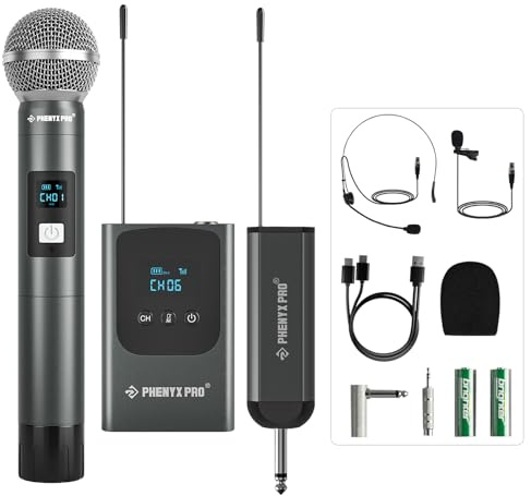 Phenyx Pro Sistema microfono wireless digitale doppio, con microfoni dinamico a mano,archetto/da bavero, trasmettitore bodypack, mini ricevitore, UHF 2x5 frequenze per karaoke(PDP-2-1H1B)