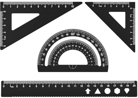 MSDADA Lot de 4 Règles en Alliage D'aluminium - Rapporteur D'angle Triangulaire, Mathématiques, Géométrie - Kit D'outils Pour étudiants, Enseignants, Ingénieurs et Dessinateurs 20cm(Noir)