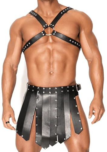WENTPOL Herren Riemenbody Leder Harness Brust Harness mit Gladiator Verstellbare Soldat Rüstung Männer Kostüm Set Clubwear Cosplay