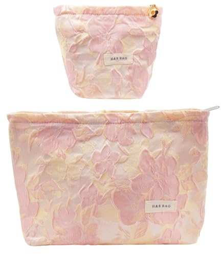 getgto 2 Pcs Makeup Bags, Large Cosmetic Bag Travel Toiletry Bag Organizer for Women, Embroidery Craft, Floral Makeup Bag Small Cosmetic Pouch Purse with Zipper Gifts for Girls Teen