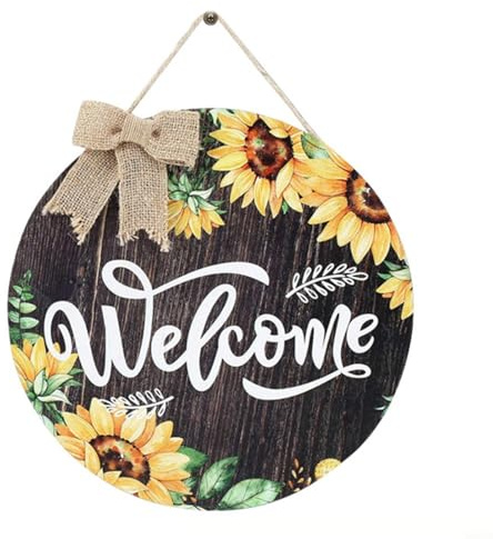 HEIBTENY Türschild „Sonnenblume Willkommen“, Willkommensschild Haustür Vintage Zuhause Herzlich Willkommen Schild Holz Rund Türdeko zum Aufhängen Türhänger Deko