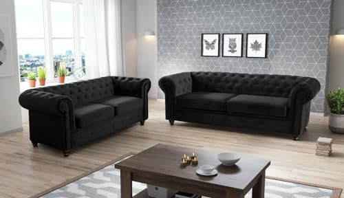 Easy4You Chesterfield Schwarz Set 3-Sitzer + 2-Sitzer Sofa Sofas für Wohnzimmer Sofagarnituren mit Holzfüße Set Sofas & Couches