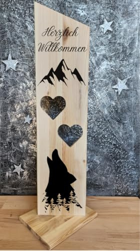 Holzaufsteller, Holz Deko Schild Holzschild Eingangsschild 2 Herzen Wolf und Wald, Geschenk, Weihnachten, Geburtstag