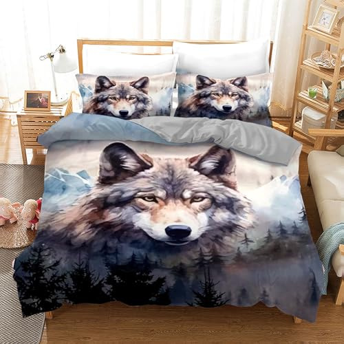 IUNTWEIE Wolf Bettwäsche 135x200,3D Tier Bettbezug mit Reißverschluss Wolf-Motiv Soft Weiche und mit 2 Kissenbezug 50x75(Wolf-2, 135x200cm)