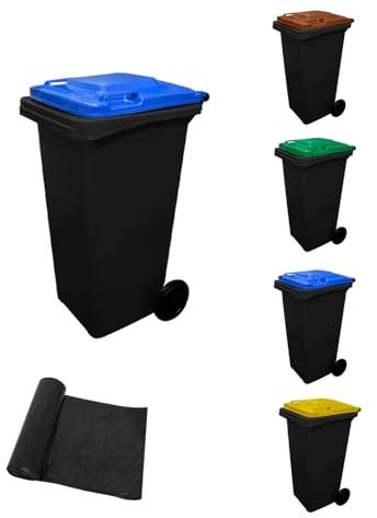 Jardin202 - Contenedor de basura reciclables Ecodiseño 120L 2 ruedas | 120 L + Bolsas (TAPA AZUL)