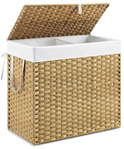 DUMOS Woven Laundry Basket with Lid, 110L Large Capacity Hamper, Removable & Machine-Washable Liner, Foldable Rattan Clothes Hamper, Sturdy Steel Frame, Odor Control, Goose Yellow