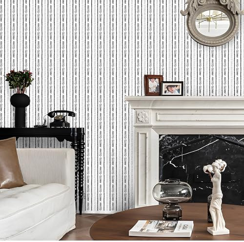 Geometrische Tapete Schwarz und Weiß,44 x 1000cm Tapete Streifen Streifentapete Tapete Schwarz Weiss Möbelfolie Selbstklebend Klebetapete Selbstklebend für Schlafzimmer,Wohnzimmer,Badezimmer,Küche