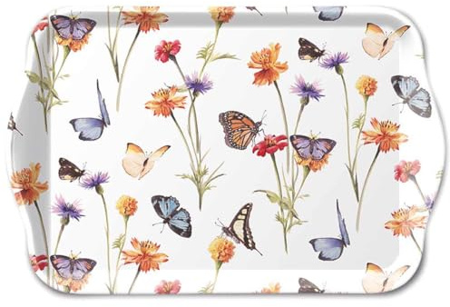 Ambiente Tablett Dekotablett kleines Serviertablett Tray 13 x 21 cm Melamin Garten Blumen Floral Schmetterlinge Serie Butterfly Garden