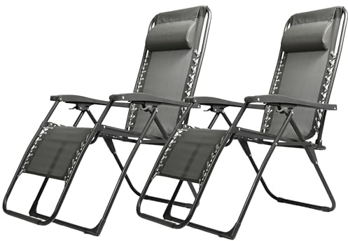 FUREINSTORE Tumbonas Plegables para Exterior -Diseño de Gravedad Cero para Jardín, Playa, Piscina y Terraza -Construcción en Acero Ligero y Reposacabezas Incluido (Pack DE 2 Gris)