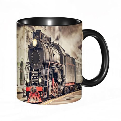 HRRASFAZF Tasse à Café | Tasse Céramique Fine | Cadeau Original | 330ml | Mug avec Anse | Cadeau Original pour Homme et Femme | Le train à vapeur rétro part de la gare.