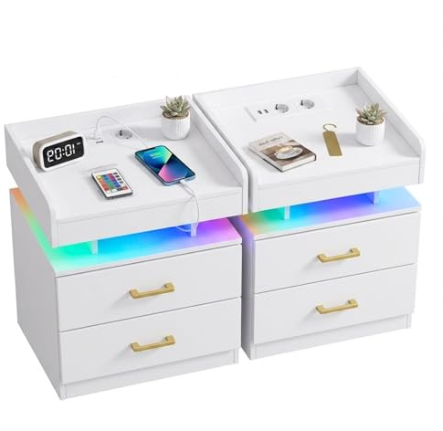 FurnitureR Lot de 2 Tables de Chevet LED - 45 x 35 x 52 cm - Blanc Brillant - 2 tiroirs - 16 Couleurs d'éclairage LED - 2 Prises de Charge et 2 Prises USB - pour Chambre à Coucher, Salon, Bureau