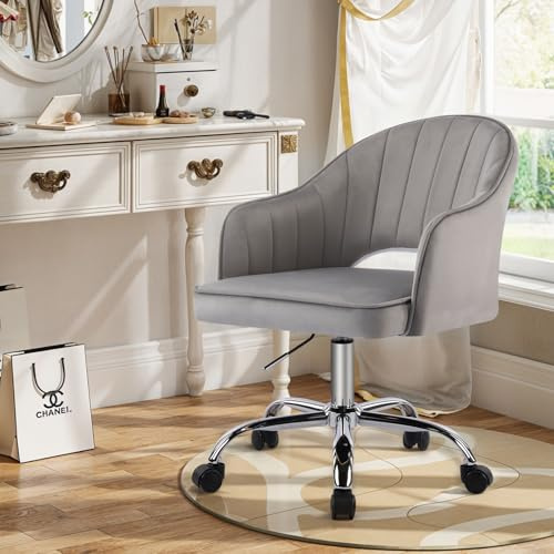 Sepnine Bürostuhl aus Samt, Schreibtischstuhl Mädchen, Schminktisch Stuhl Samt, Drehstuhl mit Rollen, mit U-förmiger Rückenlehne, Höhenverstellbar, Ergonomisch, Büro, Schlafzimmer, Bis 135 kg, Grau