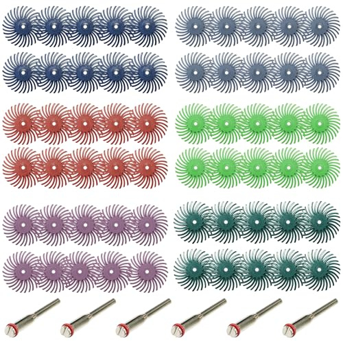 Kit di lucidatura a disco con setole radiali da 2,5 cm, 6 mix di grana 80/120/220/400/600/1000 con gambo da 1/8 per utensili rotanti, kit di ruote per lucidatura di gioielli, legno, finitura metallo