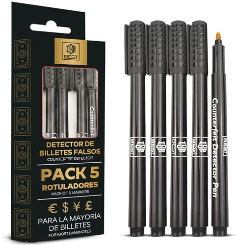 ISP BEST Pack 5pcs Detector de Billetes Falsos Profesional + Guía de Uso Versión 2026 PREMIUM V.5.0 | Bolígrafo Antifraude y Marcador de Seguridad para Euros, Dólares, Libras | Lote de 5 Unidades